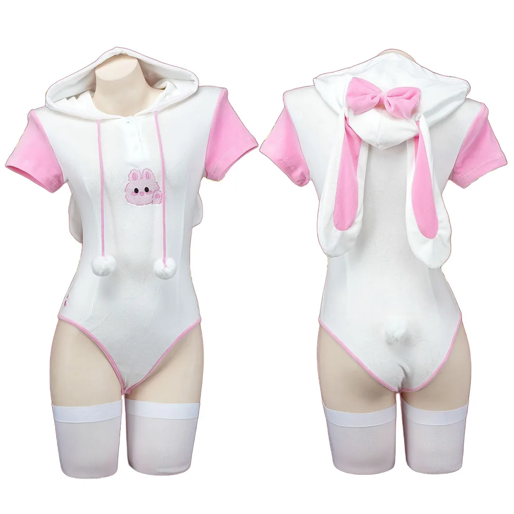 Schattig Konijntje Cosplay Jumpsuit Met Capuchon Hoodies Anime Meisje Konijn Oor Kostuum Kawaii Vrouwen Bodysuit Pluche Top Korte Mouw