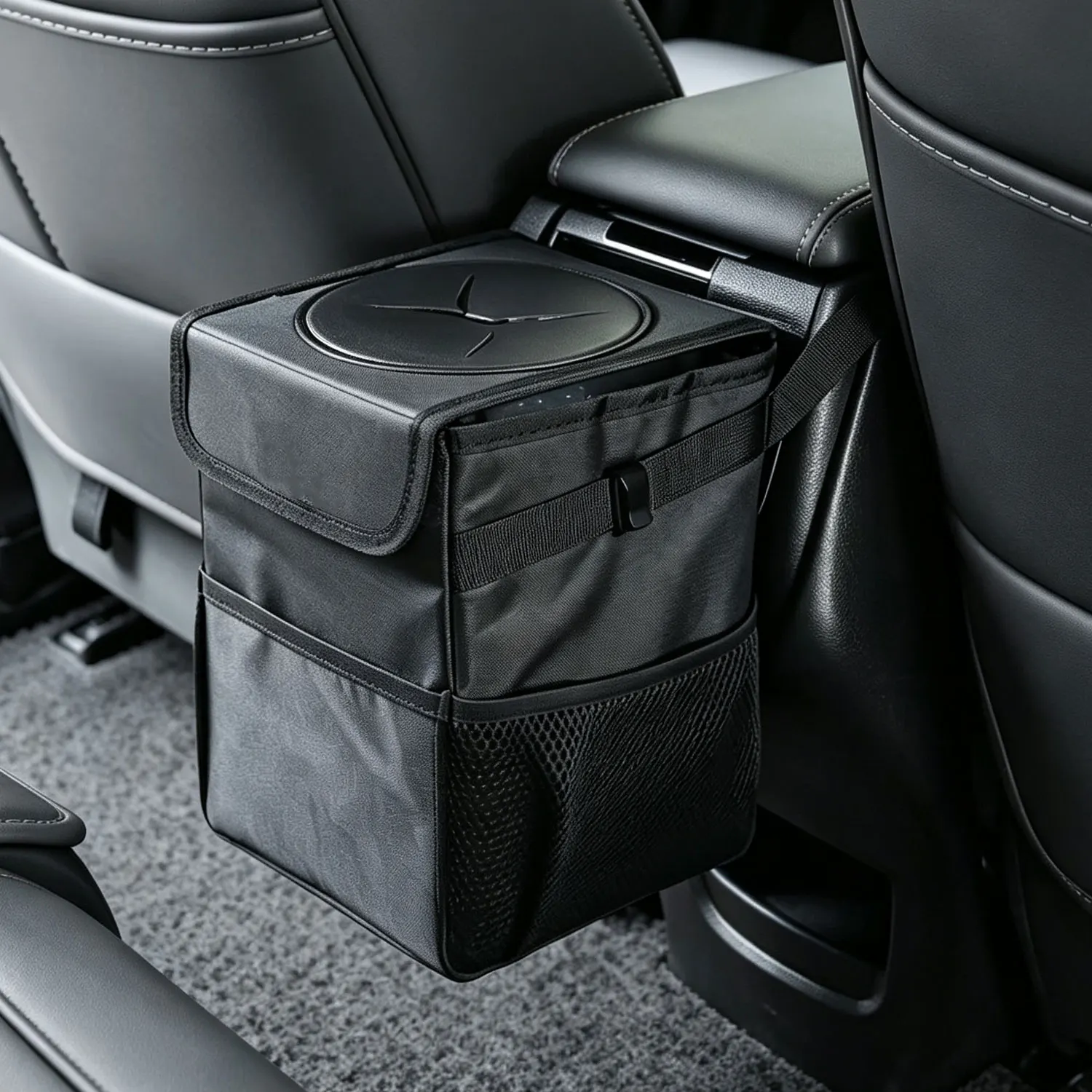 Foldable car trash can with adjustable strap for front or back seat