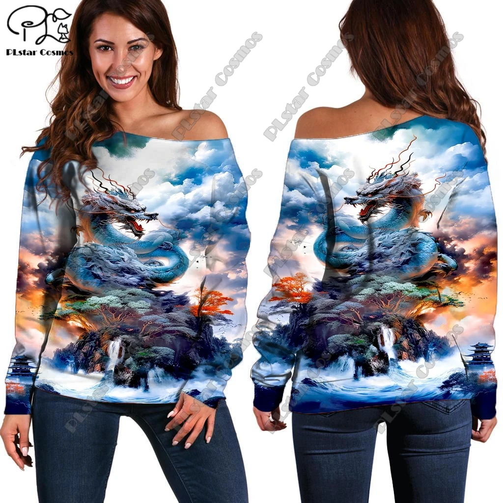 

PLstar Cosmos 3D Print Legendary Dragon Pattern Off Shoulder T-Shirt Women's Summer Casual Resort Style Collection