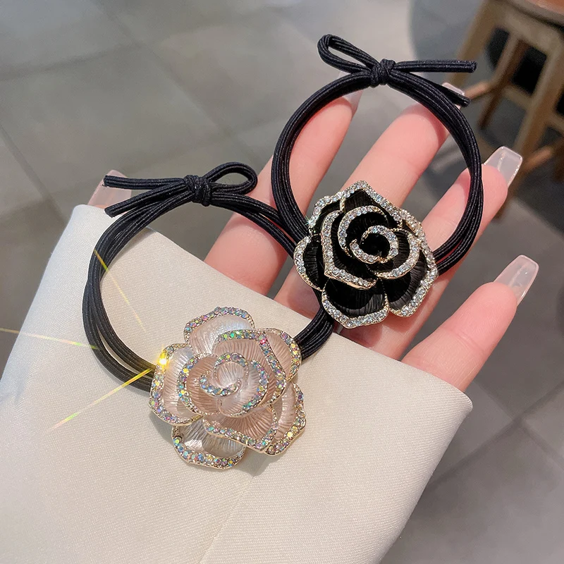 VANIKA New fashion luxury camellia rhinestone hair ring elegant Women rose Ponytail hair rope headdress summer accessory gift