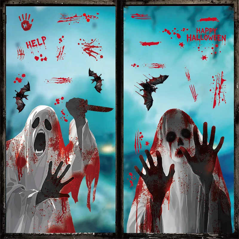 สติกเกอร์แก้วตกแต่งฮาโลวีน สติกเกอร์หน้าต่างผีความตายที่น่ากลัว ลักษณะบรรยากาศผี ลายนิ้วมือเลือด ไฟฟ้าสถิต s