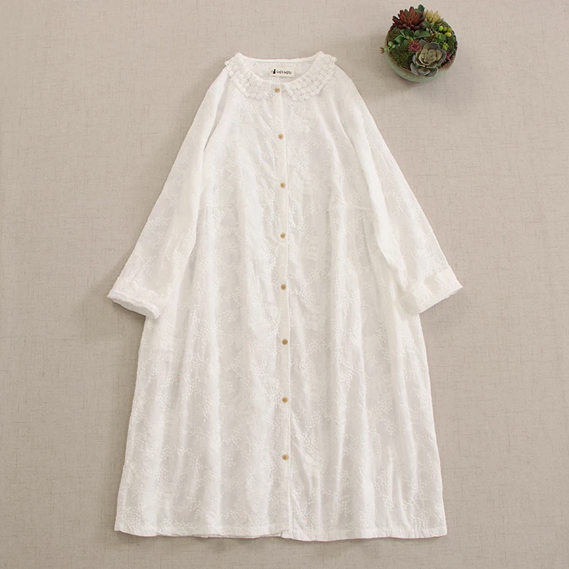 

Japanese Sweet Mori Girl Embroidery Thin Cotton Dress Women Cute Peter Pan Collar Long Sleeve Single Breasted Midi Shirt Dresses
