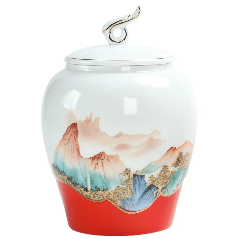 Modern Landscape Painting Porcelain Jar Drawing Gold Sealed Ceramic with Lid Tea Desktop Decorative Craft Ornament