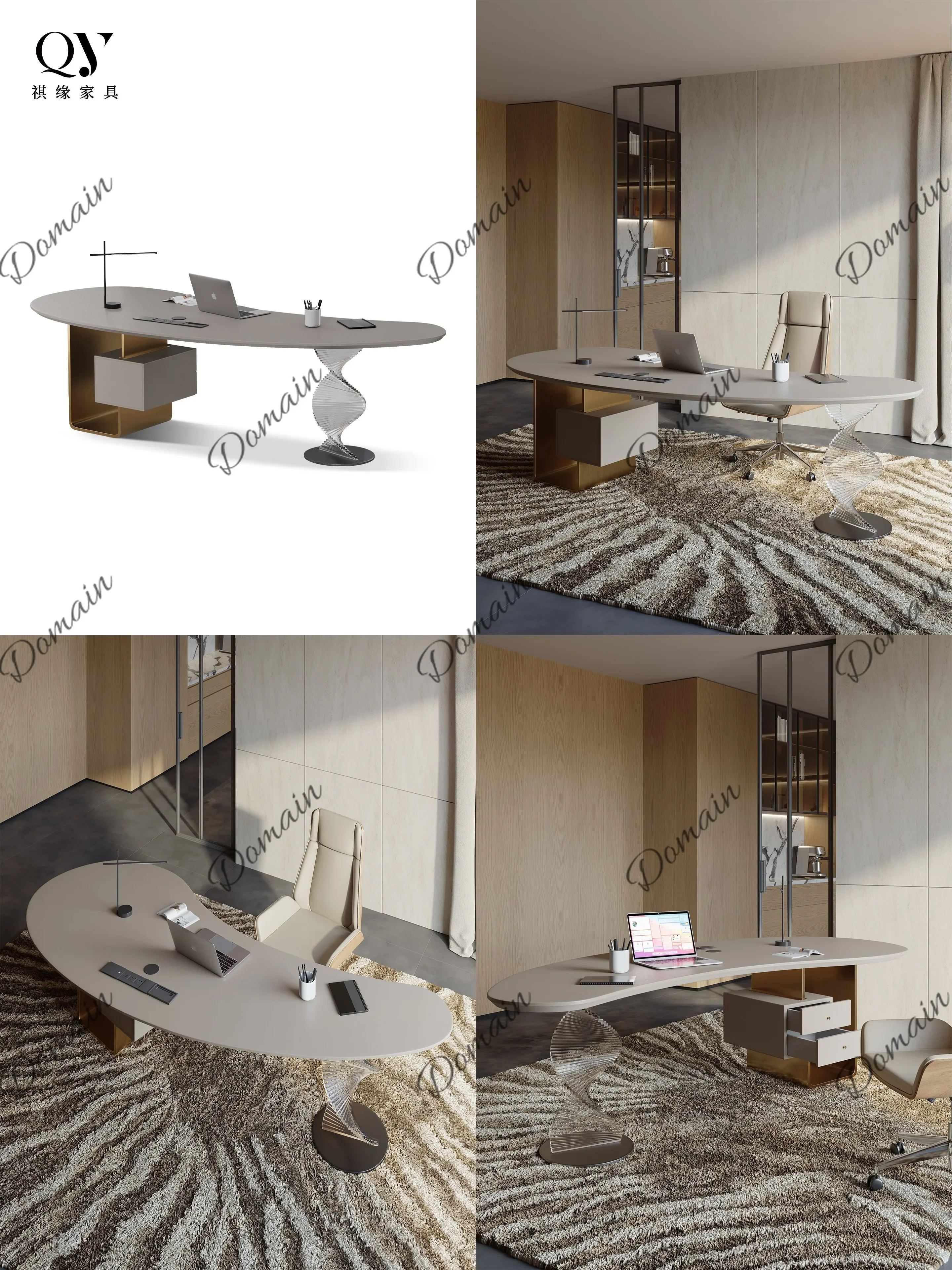 V81 Curved Cashew Desk Italian Light Luxury Premium Acrylic Suspended Saddle Leather Special-shaped Computer Desk