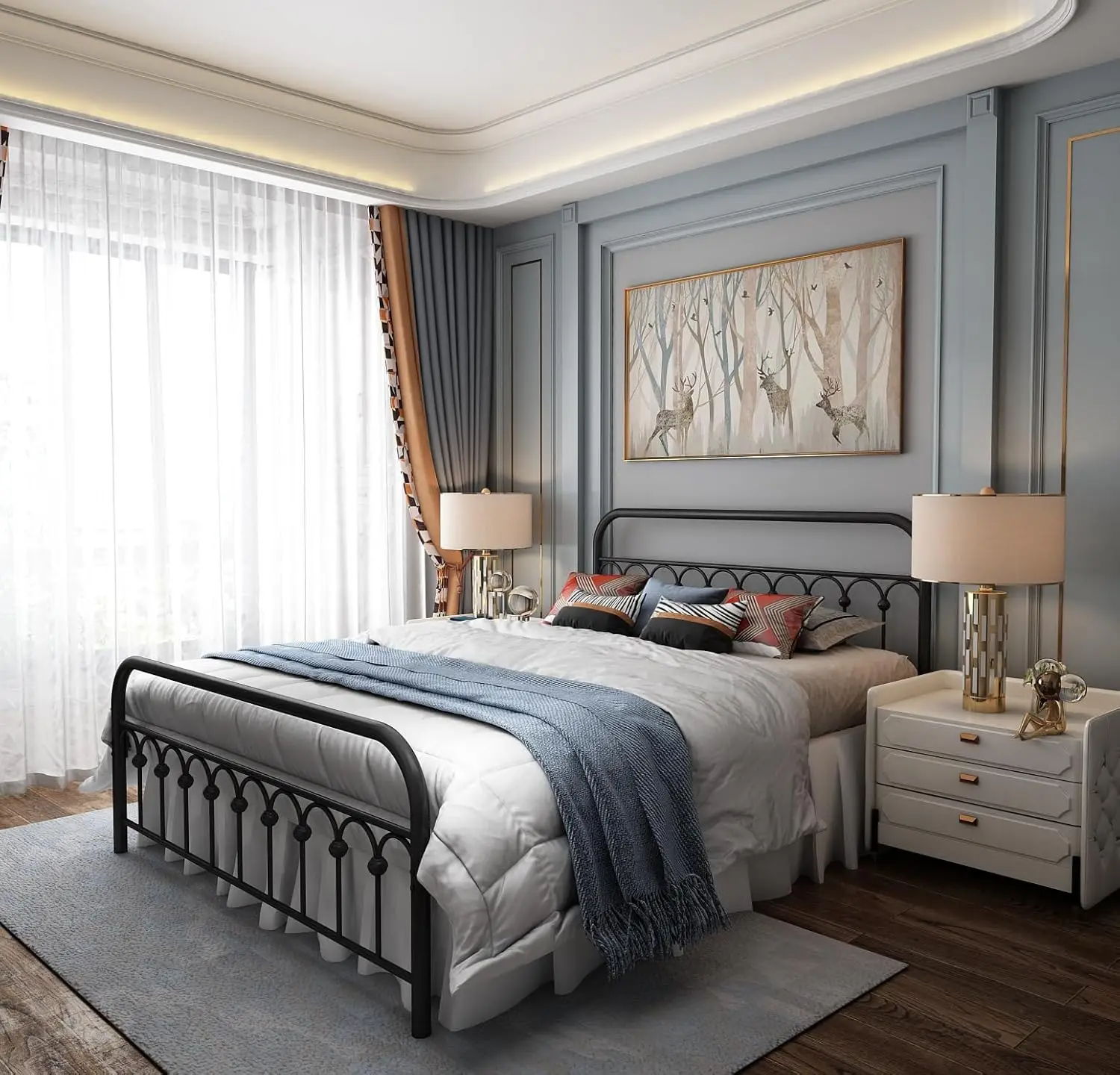 Yalaxon Vintage Sturdy Queen Size Metal Bed Frame Basic With Headboard And Footboard,No Box Spring Needed,Under Bed Storage