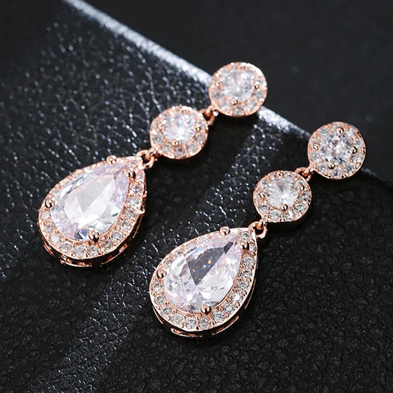 ZAKOL Luxury Zircon Wedding Long Dangle Earrings Round Water Drop AAA CZ Bridal Wedding Jewelry for Women