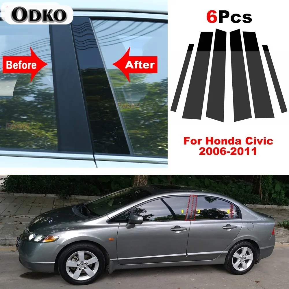 6PCS Fit For Honda Civic Sedan 2006 2007 2008 2009 2010 2011 Mirror Effect Window Pillar Posts Cover Trim Car Accessories