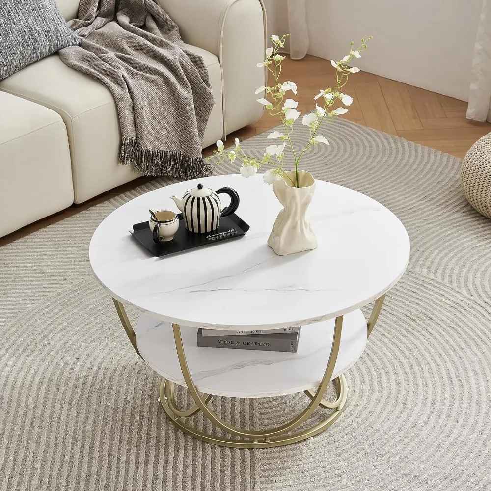 

White and gold coffee tables with storage space, wooden tabletop with marble white print and gold frame, free shipping