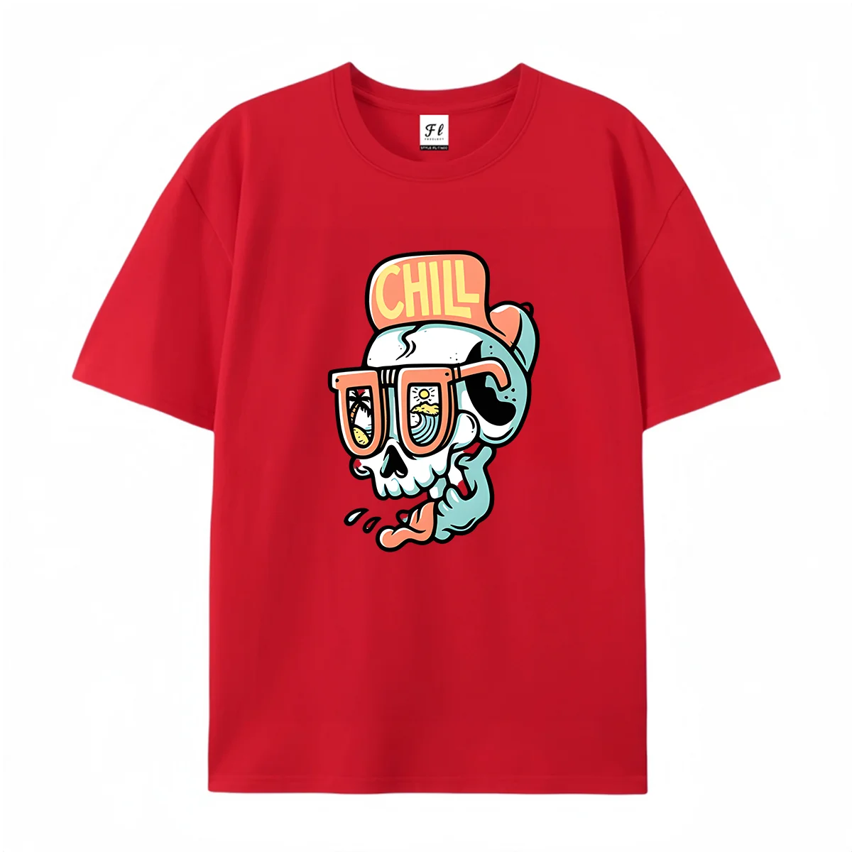 Unisex Short Sleeve T Shirt Chill Cartoon Skull Sunglasses Beach Vacation Print Casual Cotton Tees For Men Women Retro Street