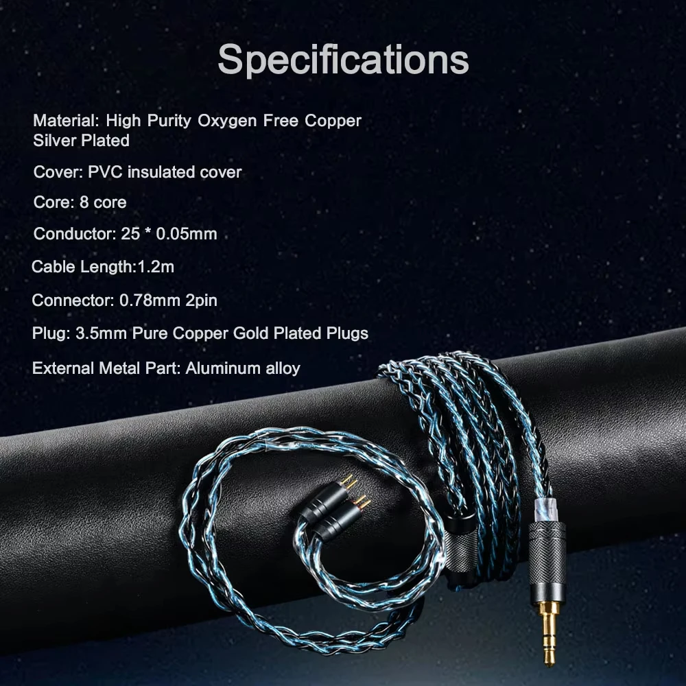 Kinera Celest IEM Earphone Upgrade Cable 8 Core Oxygen-free Copper Silver-plated 3.5mm HIFI Headphone Cable 2Pin Headset Cord