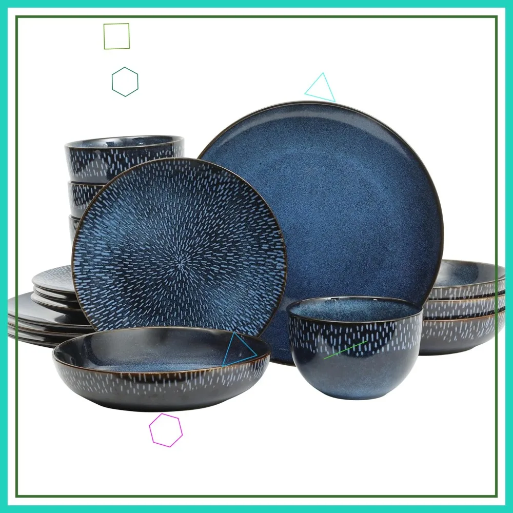 

16-Piece Dinnerware Set for 4, Blue Reactive Glaze Ceramic Stoneware, Microwave & Dishwasher Safe, Rustic Modern Design