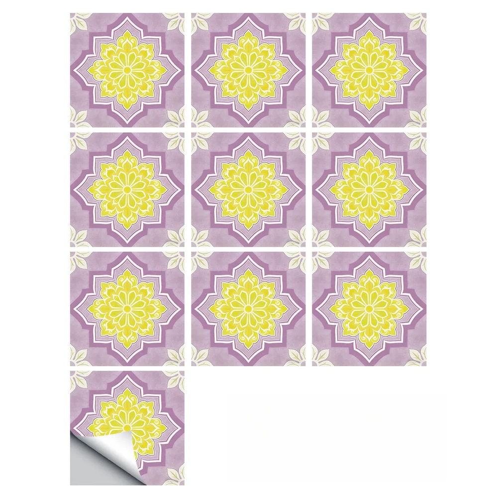 Octagonal Floral Wall Decals Bohemian Style Yellow Purple PVC Waterproof 0.49mm Thick 10x10cm 15x15cm 20x20cm 30x30cm