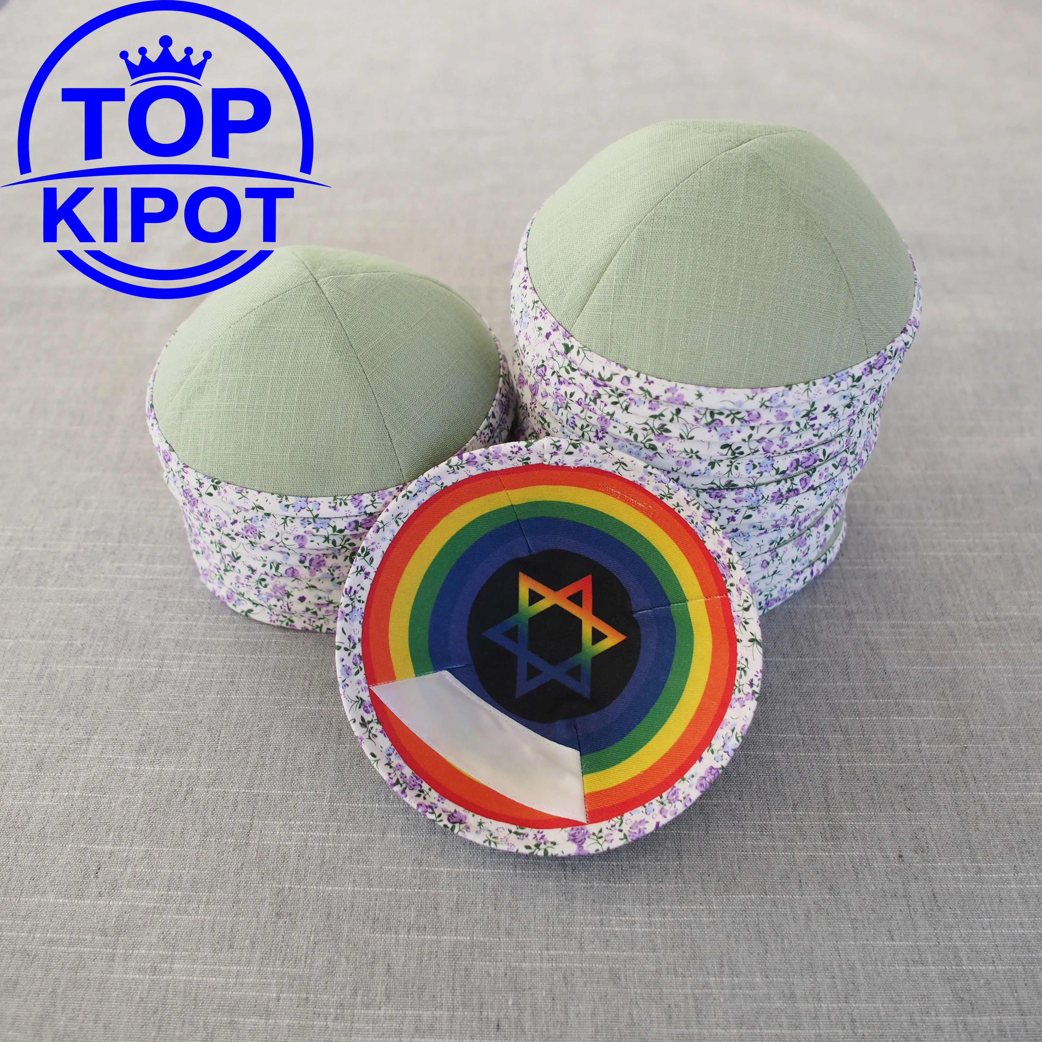 

Custom light green embroidered linen kippah with floral trim, custom digital printing. Kippahs tailored for weddings, bar/bat mi