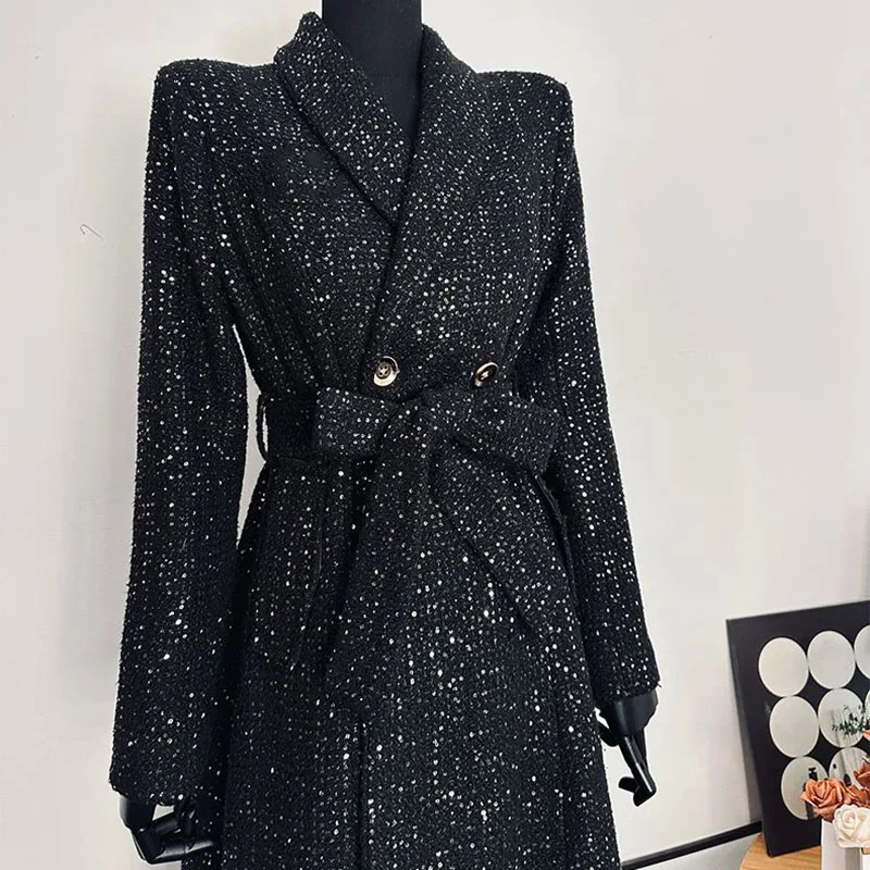 Heavy Black Embroidery Sequin Temperament Women Woolen Coat 2024 Winter Fashion Lapel High Quality Slim Women\'s Woolen Coat Y231