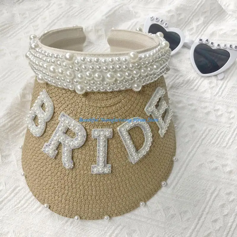 

E56A Bride Straw Weaving Empty Top Hat Bride Wedding Hat with Pearl BRIDE Letter Decors Outdoor Woman Taking Photo Hat
