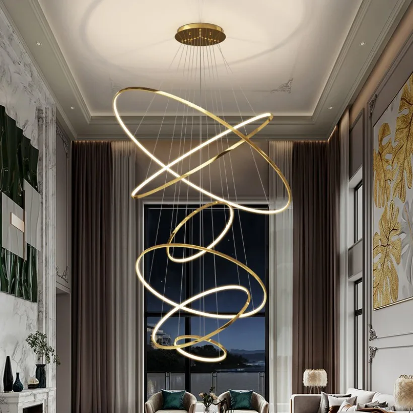 Modern LED Staircase Pendant Lamp Gold Stainless Steel Hotel Villa Living Room Decor Lighting Ring Dining Room Chandelier Light