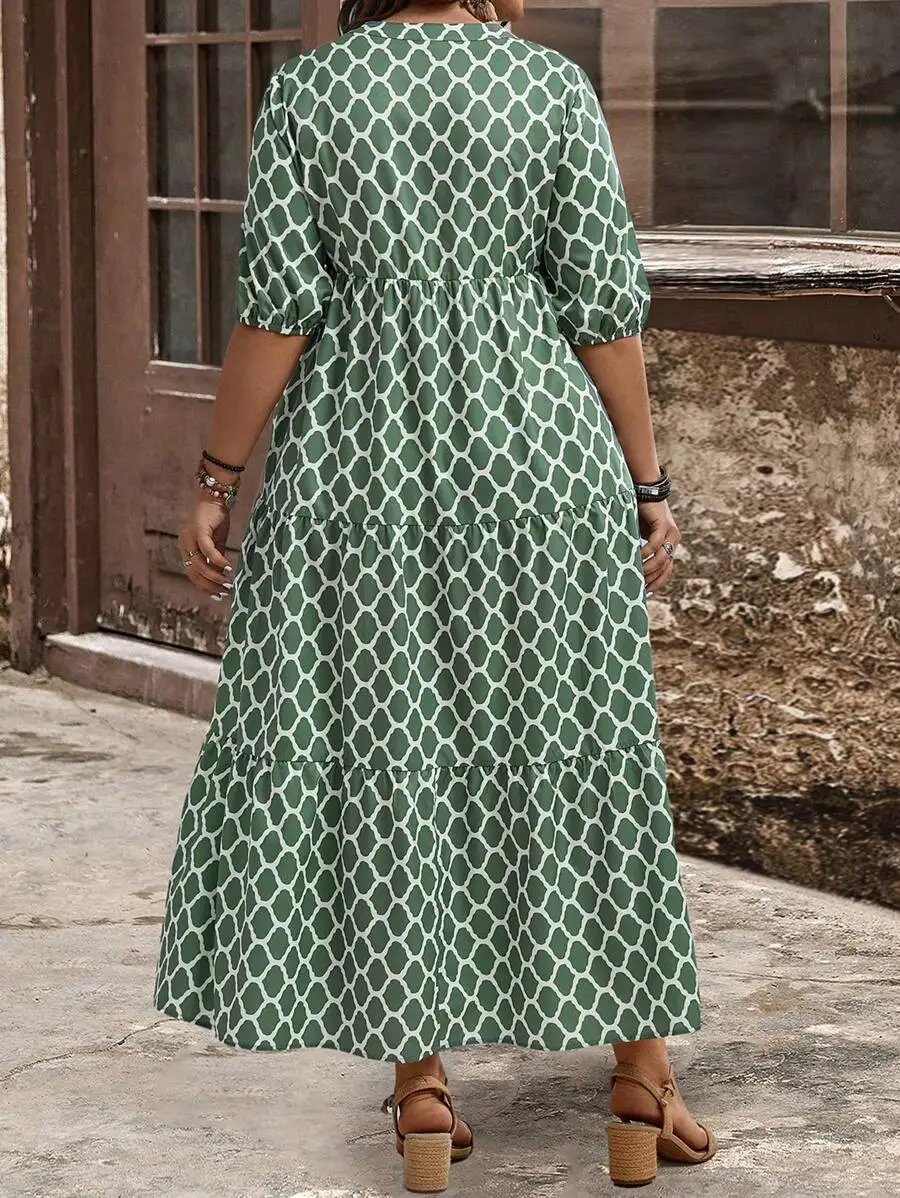 

Plus Size Women Geometric Print Puff Sleeve Loose Long Dress With Pockets Summer Beach Boho