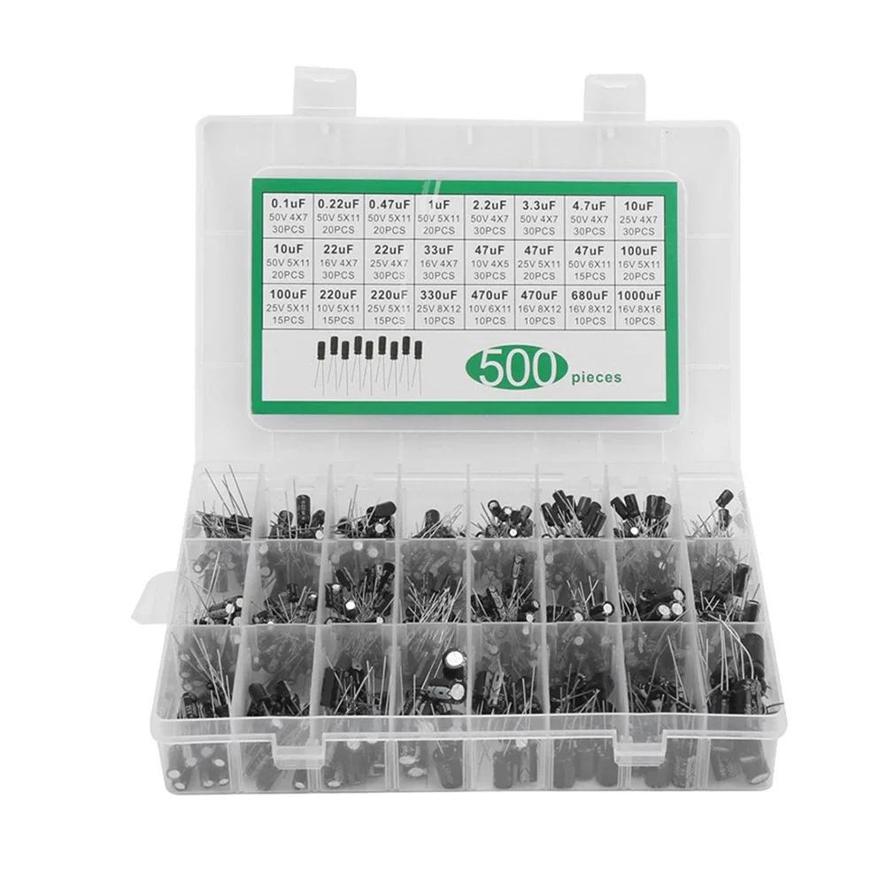 500pcs Electrolytic Capacitors 0.1uF-1000uF Mix Electrolytic Capacitor Assorted For Electronic Repairs Accessories