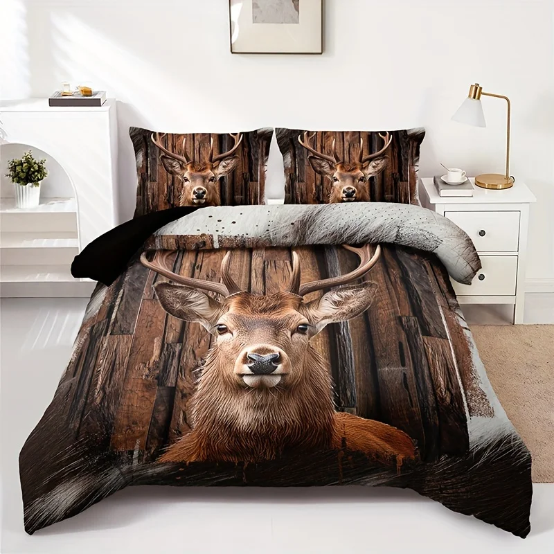 

3pcs Duvet Cover Set Forest Animal Deer Print Bedding Set, Soft Comfortable Duvet Cover, For Bedroom, Guest Room