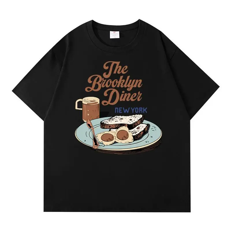 2025, New Brooklyn Diner T-Shirt-Set, kurzärmeliges Oberteil in Schwarz, Marineblau, Weiß, mit New York-Frühstücksdruck und Vintage-Typografie