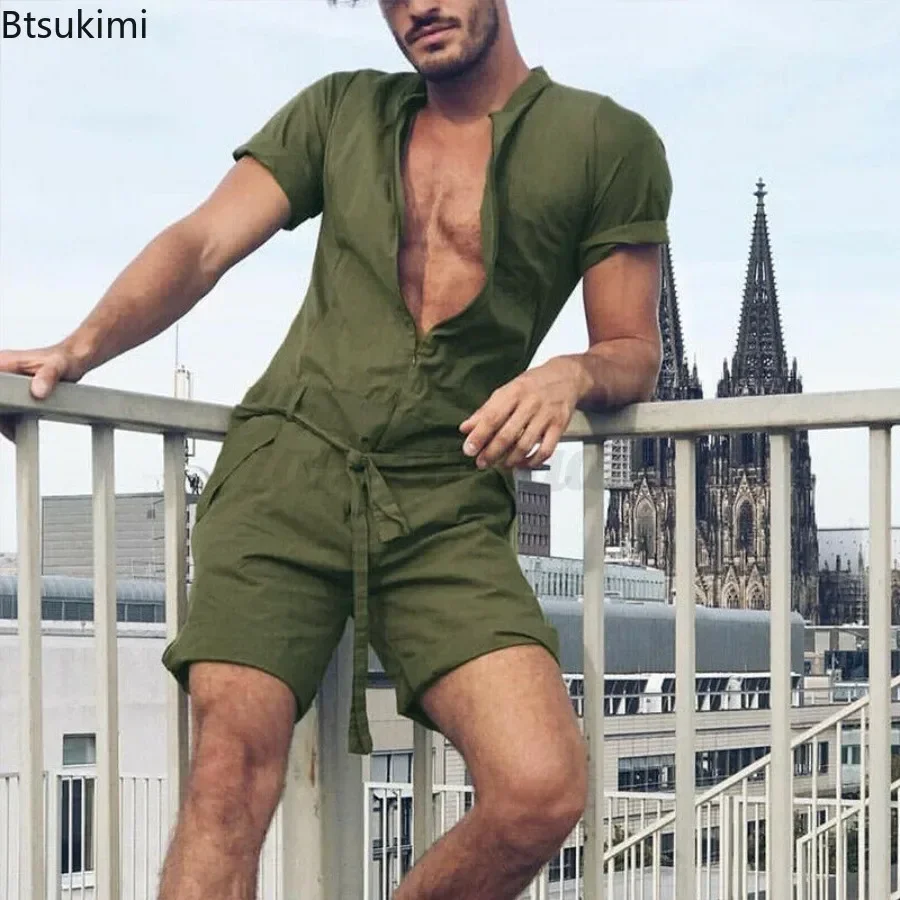 New Men\'s Summer Sets Solid Casual Jumpsuits Fashion One Piece Short Sleeve Shorts Waist Lace-up Bodysuit Men Streetwear Rompers