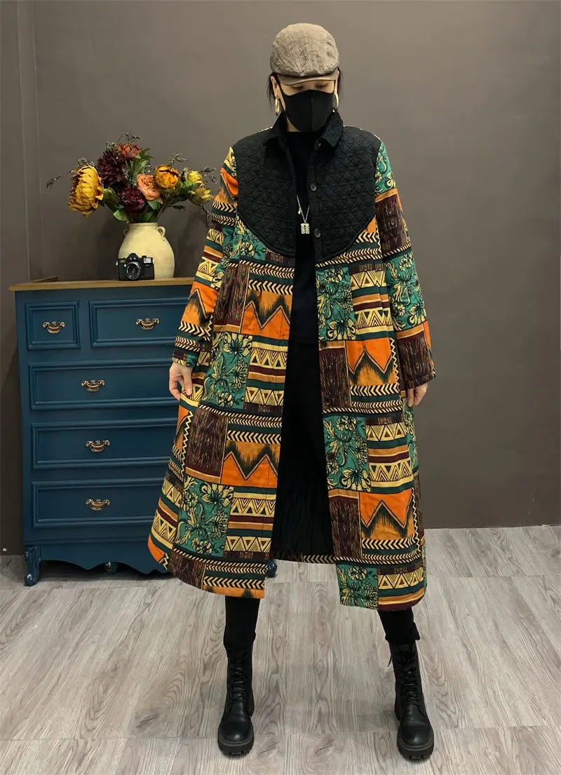 New Winter Vintage Cotton Linen Printing Splice Padded Cotton Coat Women\'s Loose Large Size Warm Mid Length Quilted Jacket T1198