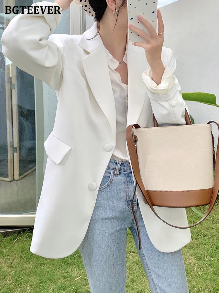 BGTEEVER Casual Loose Lapel Ladies Suit Jackets Full Sleeve Single-breasted Solid Female Blazer Tops 2022 Spring Women Outwear