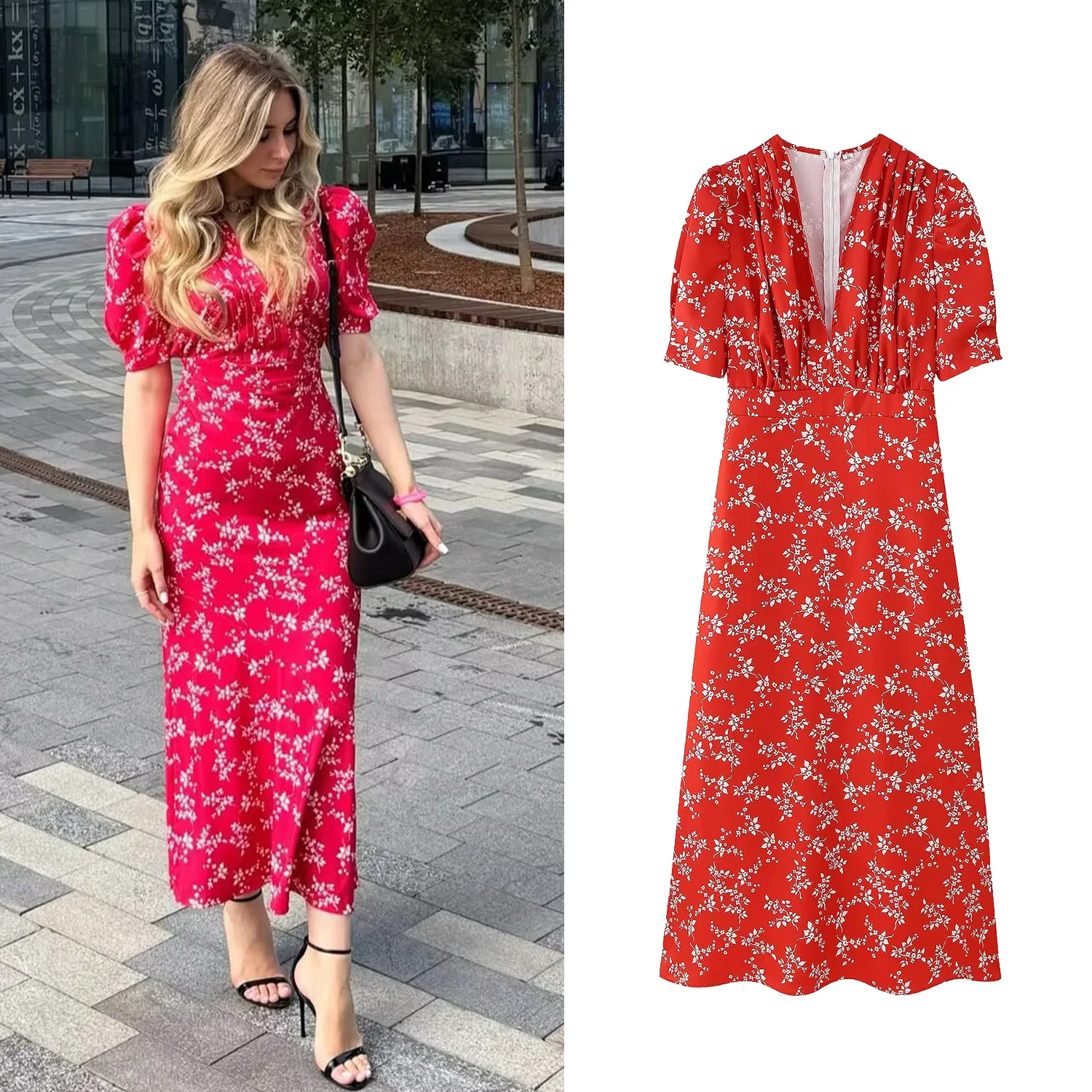 Modieuze INS-stijl nieuwe damesjurk met geplooid ontwerp met V-hals voor woon-werkverkeer Stijl en casual lange rok met MIDI-print