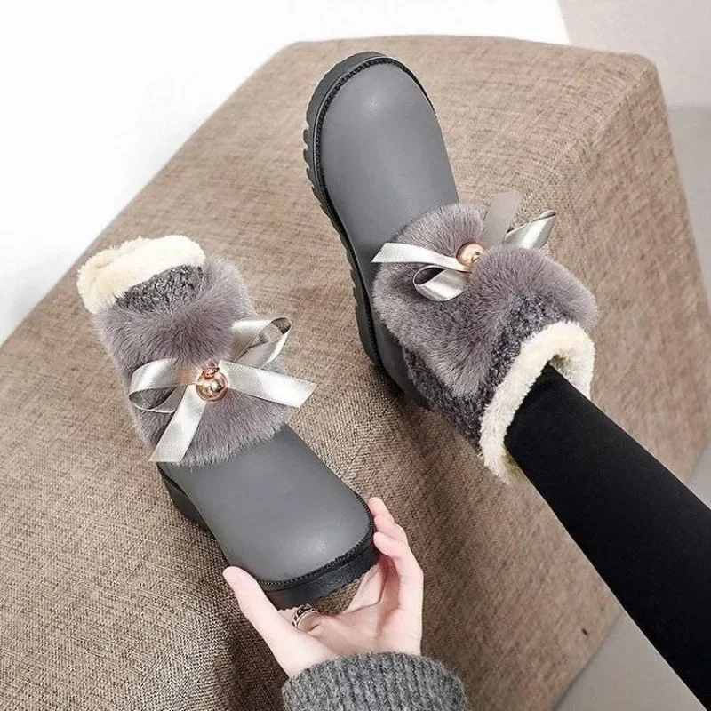 Chunky Half High Cute Ladies Snow Boots Round Toe Ribbons Bow Kawaii Platform Female Shoes Mid Calf Boot Quality Demi-season Hot