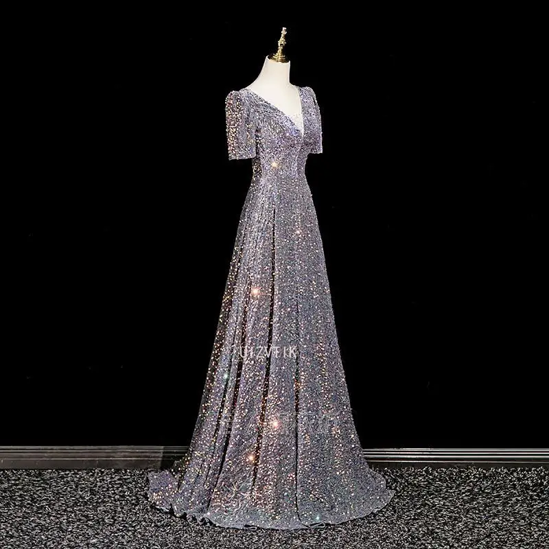 Glänzendes Pailletten-Abschlussballkleid mit V-Ausschnitt, neuer Stil, Bankett, französische Schnürung, Jahrestagung, Host-Kleid, Kostüm, Damen, langes Party-Abendkleid