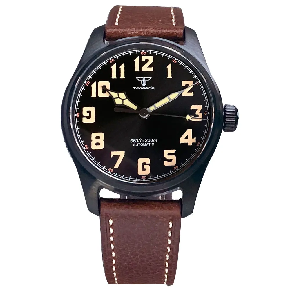 

Tandorio Pilot 39mm Black PVD Case NH35 PT5000 200M Waterproof Luminous Diving Automatic Mens Watch Sapphire Glass Leather Strap