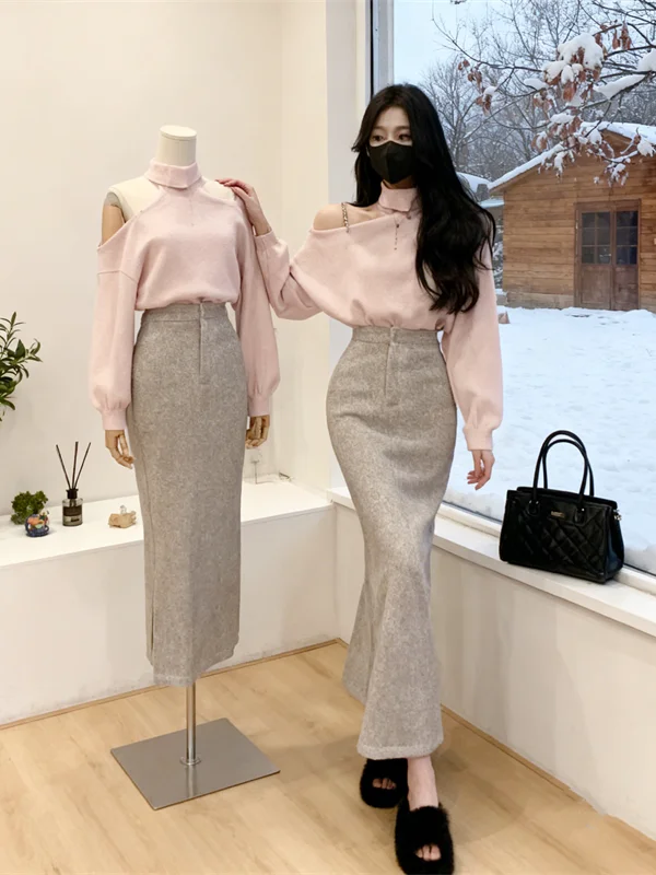 

Потрясающий женский модный комплект Весна 2026: сексуальный топ с открытыми плечами и юбка-рыбка с разрезом, комплект из двух предметов