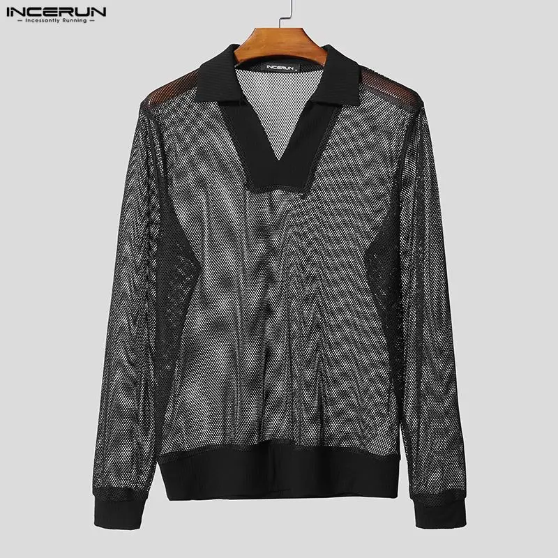 INCERUN Men Shirt Solid Color Hollow Out See Through Lapel Long Sleeve Men Clothing Streetwear Sexy 2026 Fashion Casual Tops