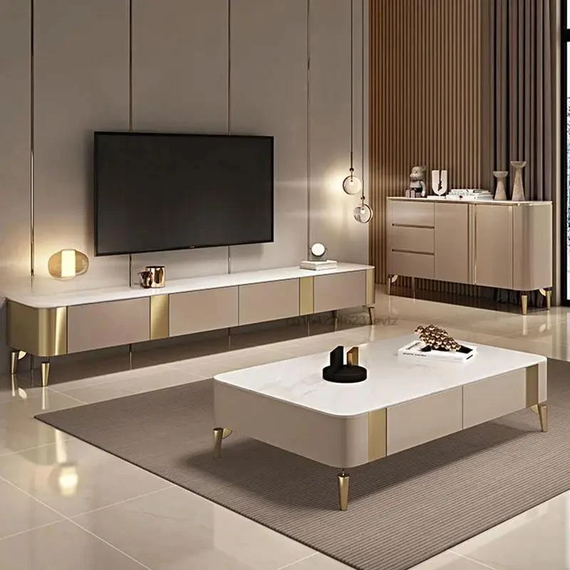 Light Luxury Rock Panels Coffee Table In White Living Room Furniture Solid Wood Drawers Sideboard Coffee Tables TV Cabinet Set