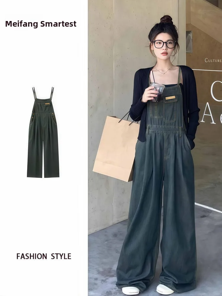 

Американский Sle Spicy Girl Джинсовый комбинезон с высокой талией Женский свободный дизайн Утягивающий прямой комбинезон с широкими штанинами