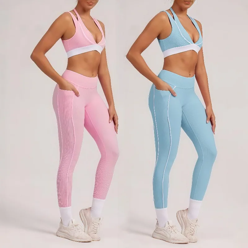 

Женский комплект для йоги с цветными блоками, телесный спортивный комплект из двух предметов для похудения и красивой спины, спортивный костюм для бега на открытом воздухе, отдыха и фитнеса