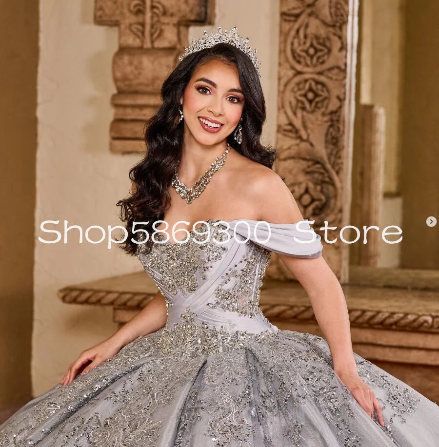 Silver Princess Sparkly Quinceanera Dresses Luxury Crystal Applique Off Shoulder Lace-up Corset Customized