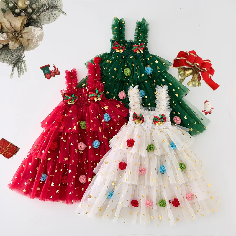 1-6Y Little Girl Christmas Party Dress Toddler Children Sleeveless Star Ball A-line Layered Princess Dress Tulle Holiday Clothes