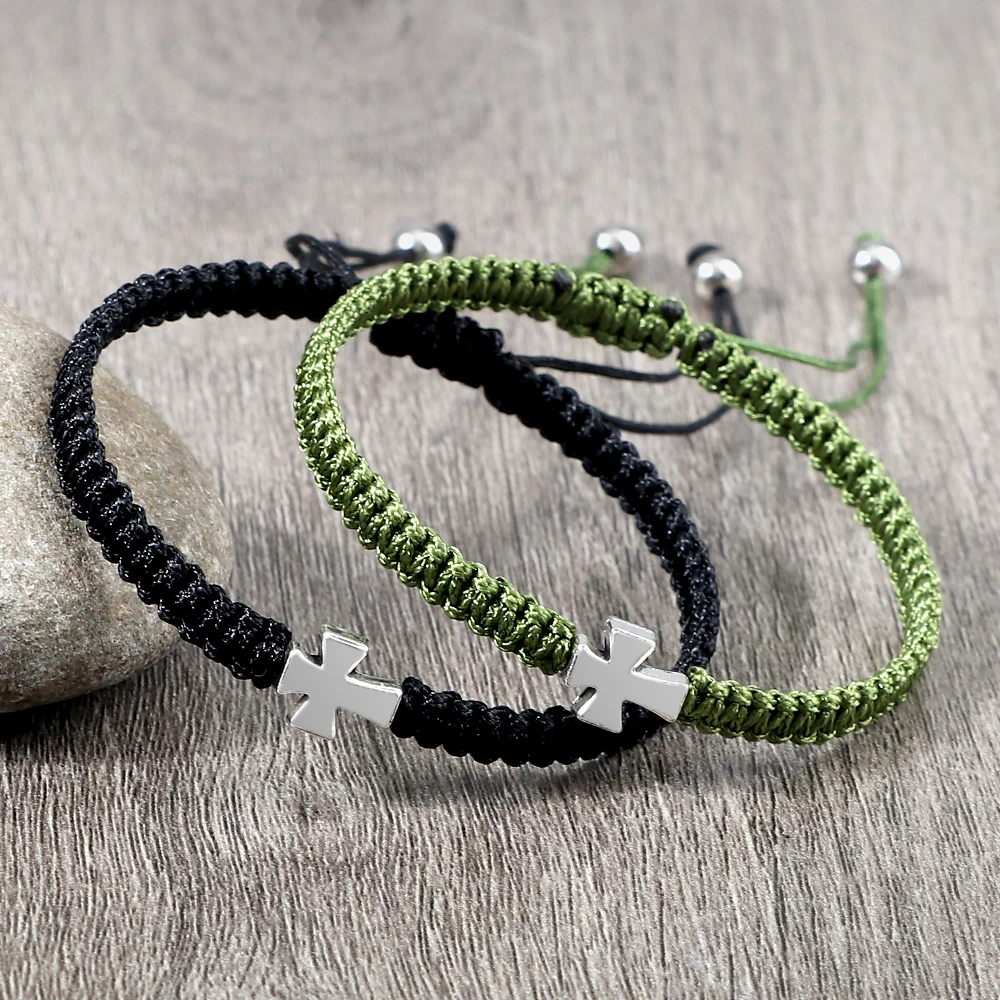 Silver Color Cross Braided Bracelet Metal Crucifix Adjustable Handmade Bracelets & Bangles Fashion Charm Men Women Jewelry Gifts