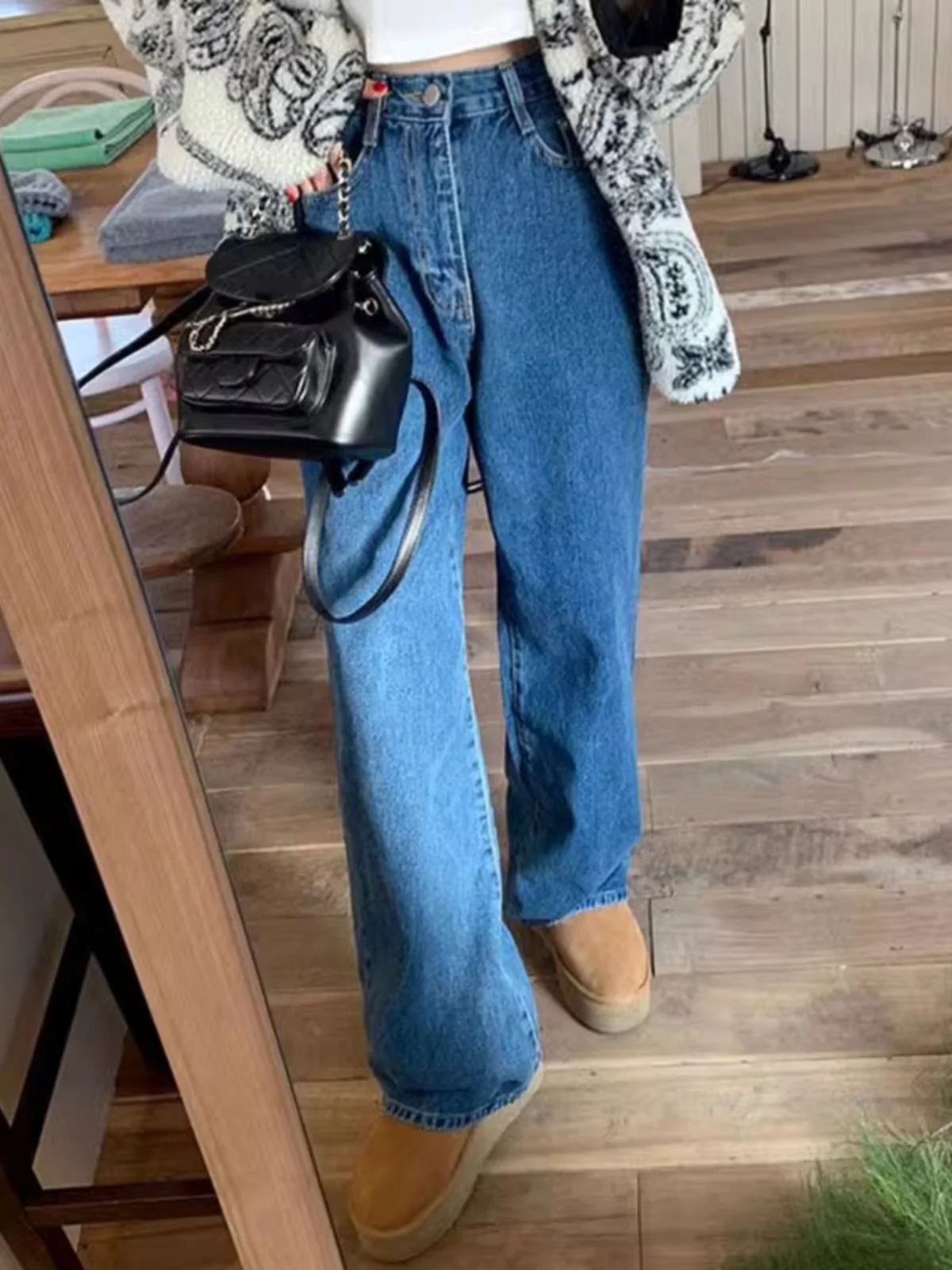 「MD」Retro High Waist Slimming Straight Leg Casual Washed Denim Jeans Women's Chic Spring Versatile Wide Leg Casual Loose Fit