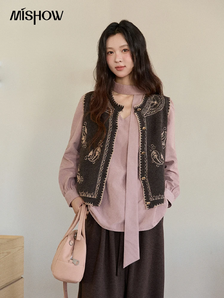 

MISHOW Женский жилет с вышивкой и рисунком, 2025 г., вязаный жилет без рукавов в стиле ретро с круглым вырезом, женский зимний жилет MXE86Z2745