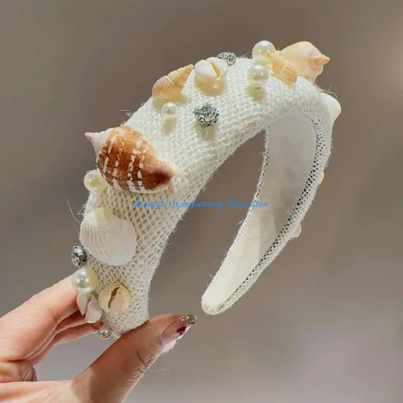 E56A Rhinestones Pearl Headband Conch Headband for Beach Party Shell Headband view 5