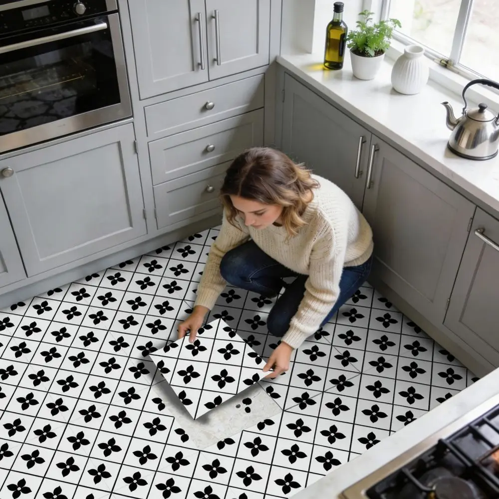 Non Slip Geometric Floor Stickers PVC Tiles Waterproof For Meiji Home Renovation Kitchen Bathroom Easy Cleaning
