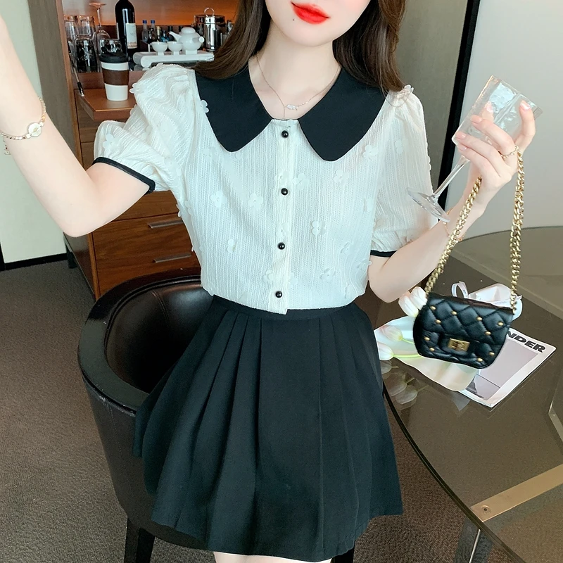 Summer Short Sleeve Blouse Women Blusas Mujer De Moda 2024 Verano Doll Collar Apricot Chiffon Blouse Shirt Women Tops Blusa G670