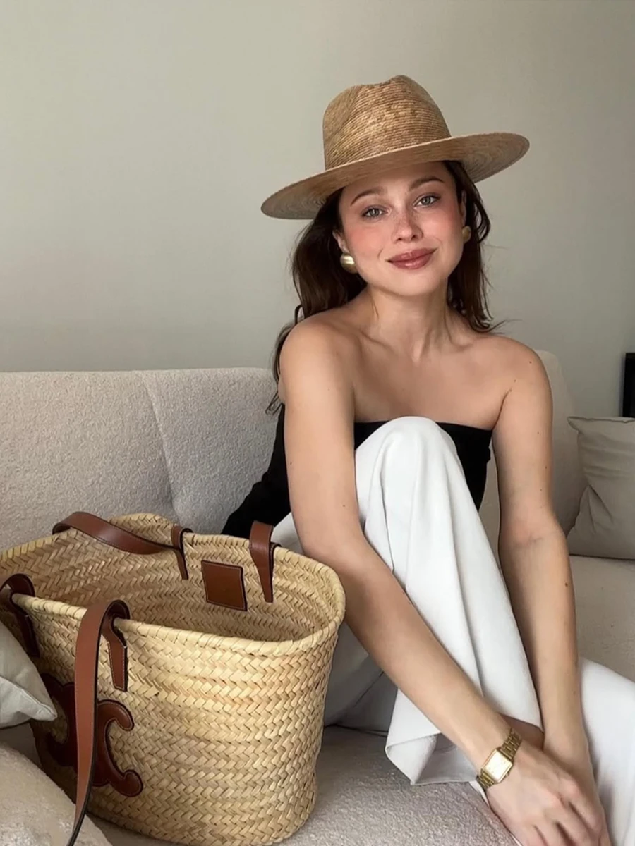 手織りヤシのわら帽子-ジャズスタイル-ハイトップ-夏休み-カジュアル-レディース-ファッション-アクセサリー-純粋なナチュラルブラウンカラー