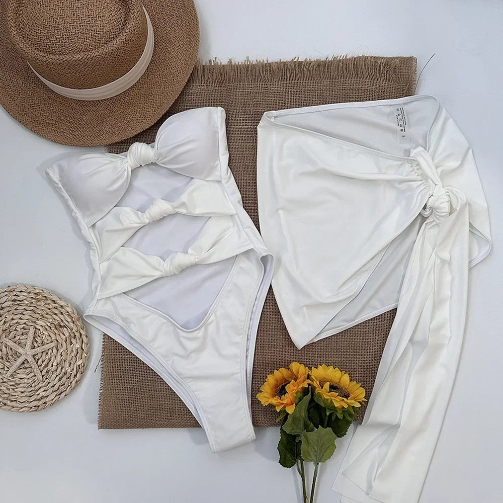 Two-Pieces Swimwear Women Hollow Out 2025 Sexy One Piece Swimsuit With Skirt Push Up Beachwear Solid Bodysuit Biquini Female