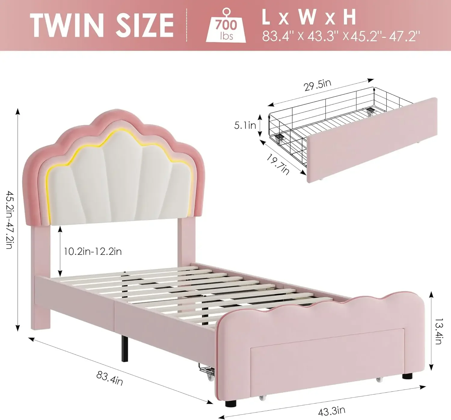 Twin Upholstered LED Bed Frame with Storage Drawer, Cute Girls Bed with Adjustable Lotus Headboard, Velvet Princess Plat