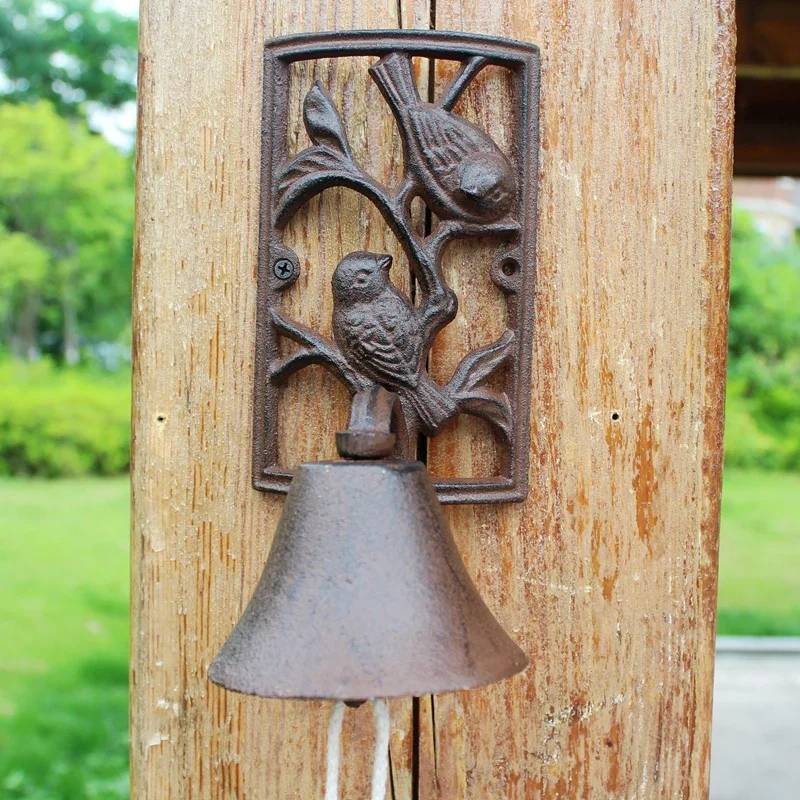 Antique Rustic Cast Iron Welcome Door Bell With Rectangle Framed Hollow Couple Birds Decor Plaque And Hand Cranking Hanging Rope