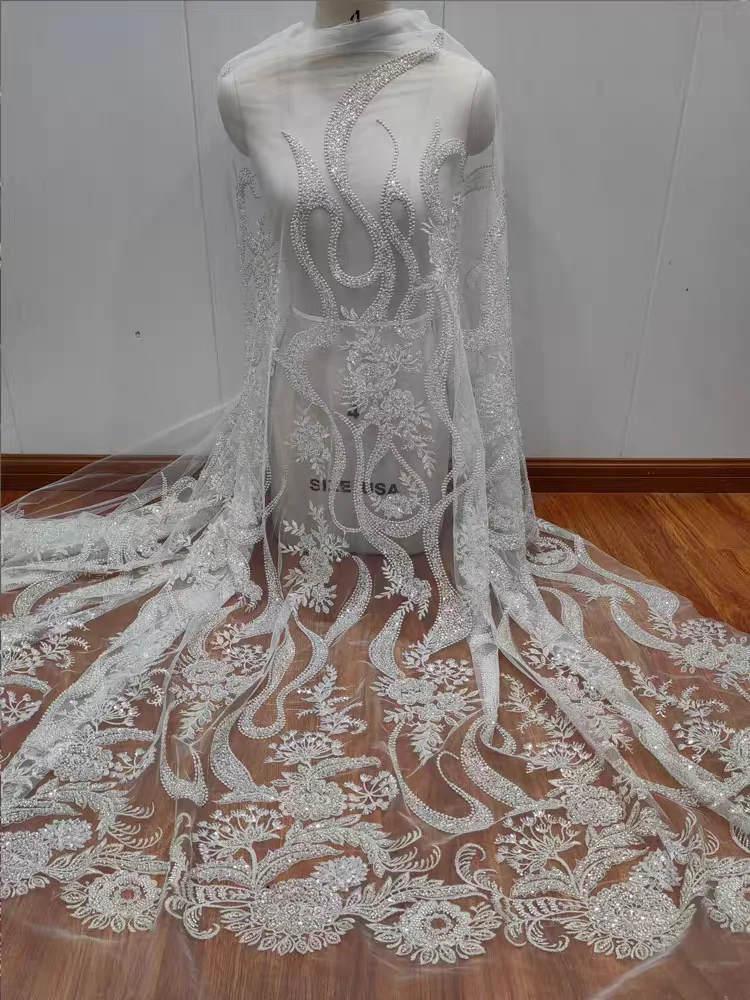 

Classic Flower Pattern Silver Beaded Lace Shiny Sequins Net Silk Fabric for Wedding Dress