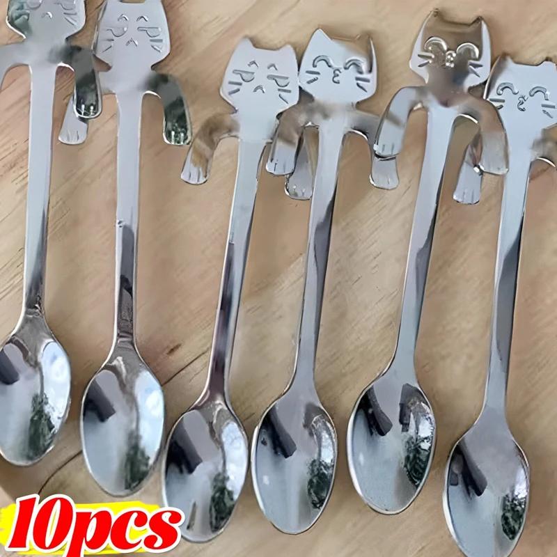 1-10PCS Stainless Steel Coffee Spoon Cute Cat Shaped Teaspoons Dessert Ice Cream Mini Spoons Scoop Tableware Kitchen Tools